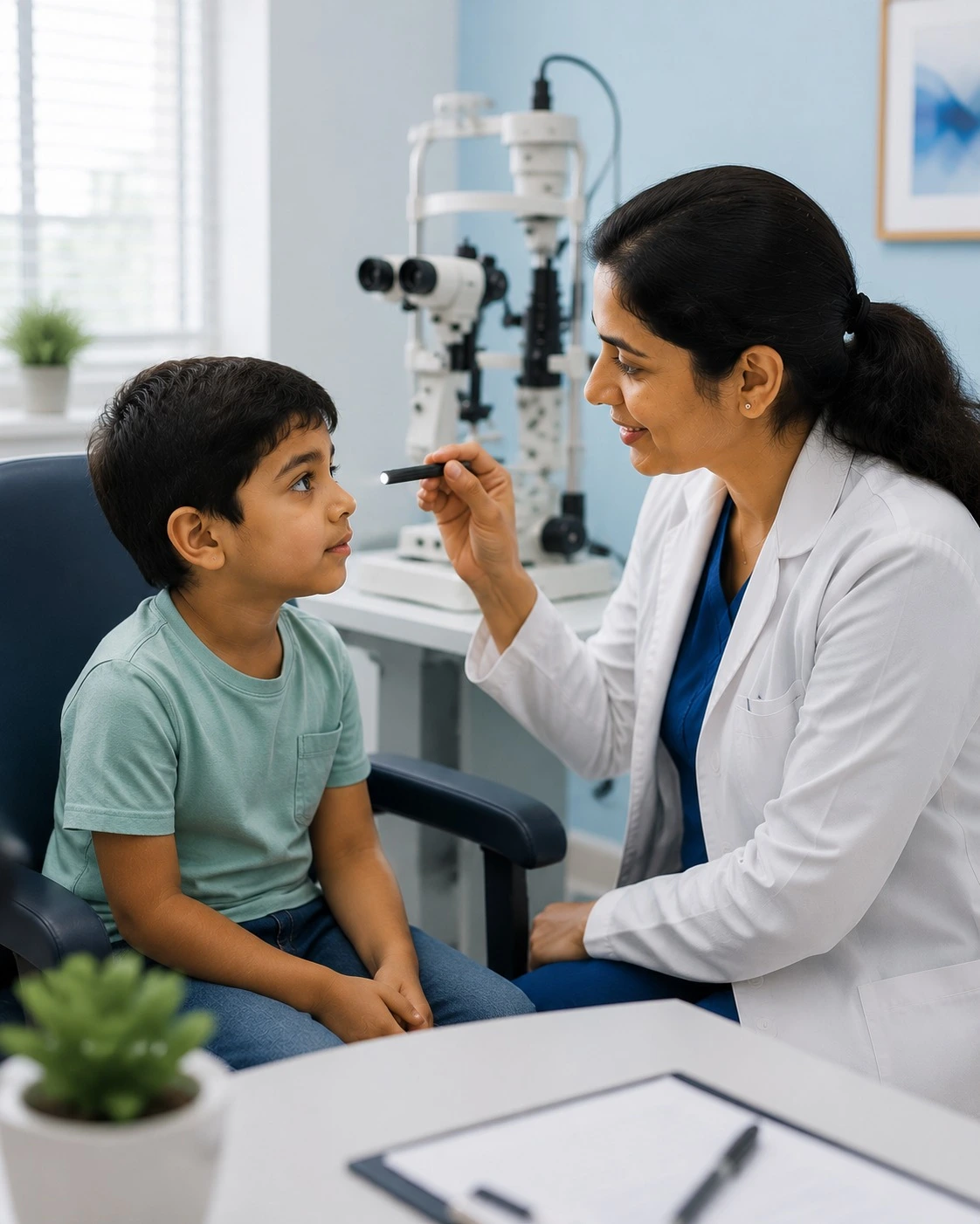 Children's eye specialist doctor examining a young patient at MediVision Eye Care Centre
